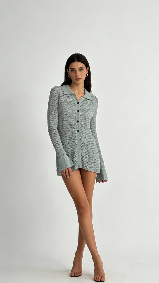 Chill Mode Crochet Button-Up - Mint Green
