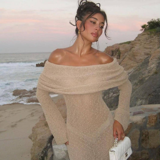 Robe longue élégante en tricot à une épaule – Robe de plage chic à manches longues