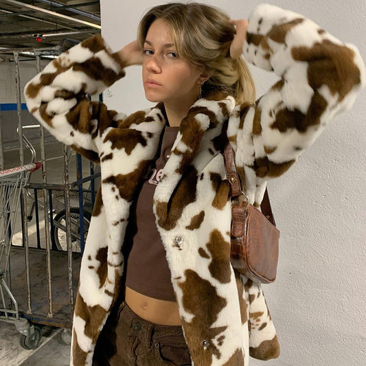 Cow Pattern Rabbit Fur Coat