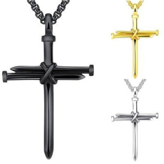 Steel Gold Black Fashion Iron Nail Cross Pendant Necklace - Stainless Steel