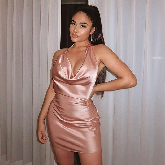 Mini-robe dos nu en satin à col en V – Tenue de soirée élégante et sexy