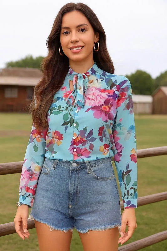 Bowknot Charm – Floral Printed Shirt