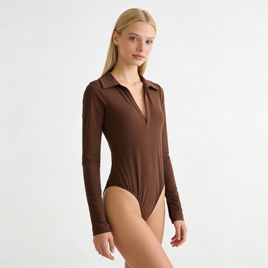 Coffee Date Polo Bodysuit - Brown