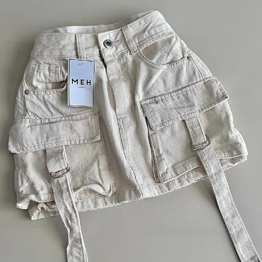 Utility Buckle Strap Cargo Mini Shorts