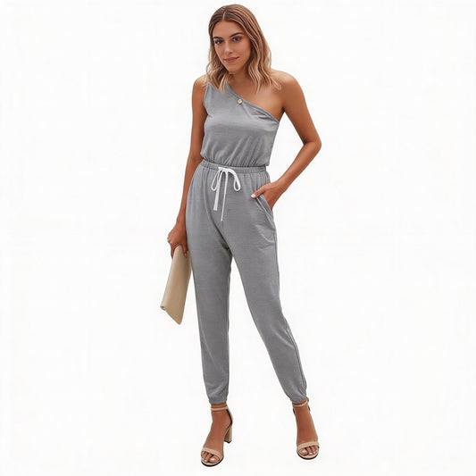 Back To Basics One Shoulder Elastic Waist Jumpsuit
