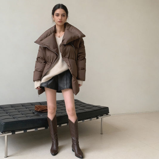Coffe Brown Lapel Puffer Coat