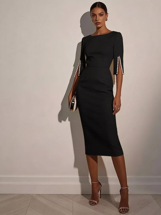 She Means Business Pearl-Detail Midi Dress