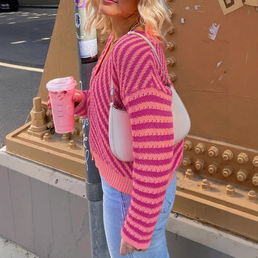 Patchwork Spliced Stripes V-neck Sweater