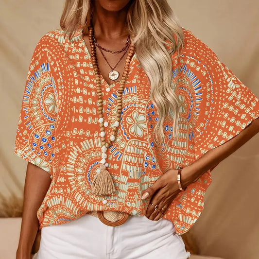 Mandala Muse – Boho Batwing V-Neck Blouse
