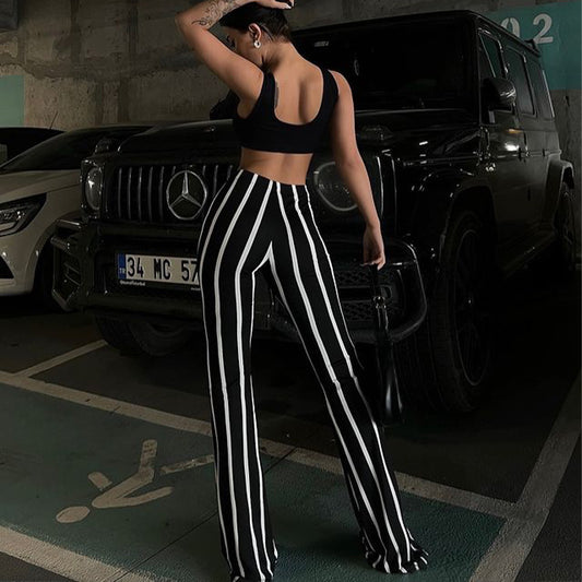 Chic Curved Striped Flare Pants