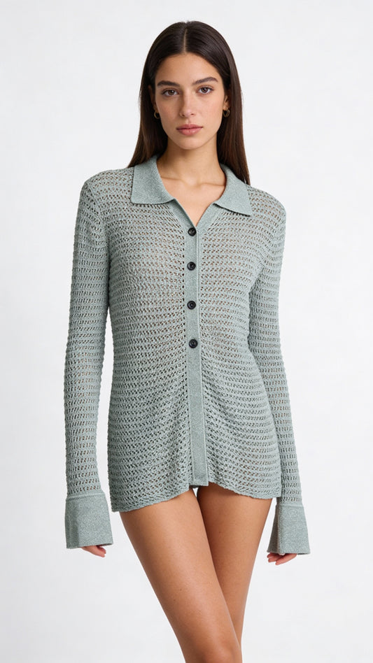 Chill Mode Crochet Button-Up - Mint Green
