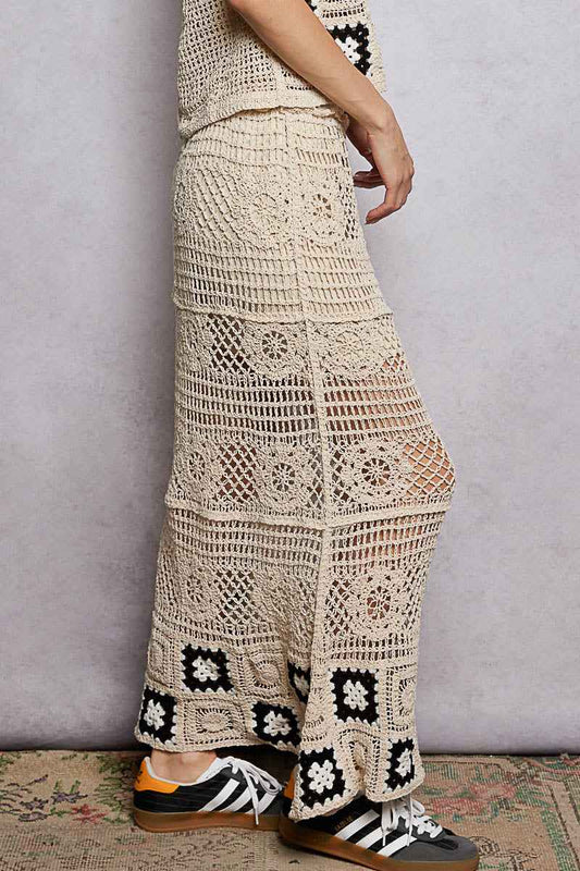POL Floral Crochet Ruffled Waistband Maxi Skirt with Granny Square Weave
