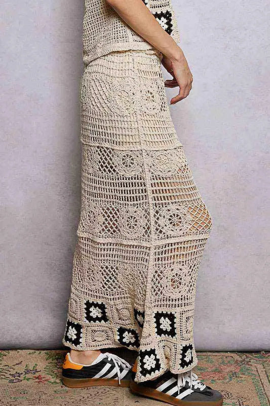 POL Floral Crochet Ruffled Waistband Maxi Skirt with Granny Square Weave