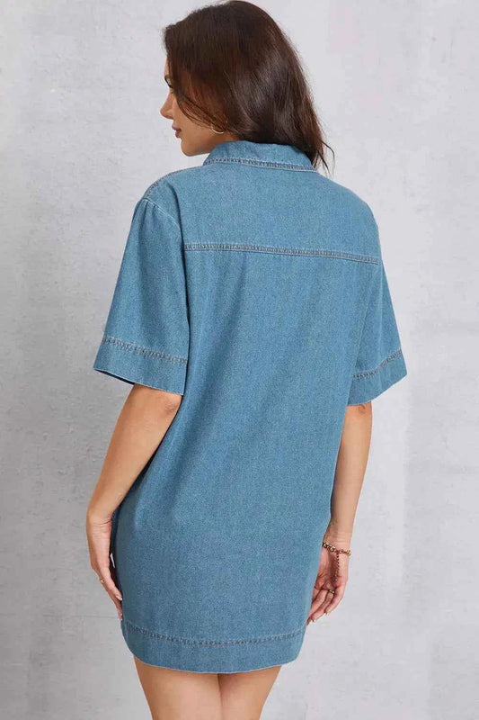 Pocketed Collared Neck Mini Denim Dress