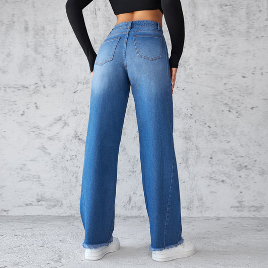Fashion Straight Wide-Leg Jeans – Casual High-Waist Non-Elastic Women's Clothing