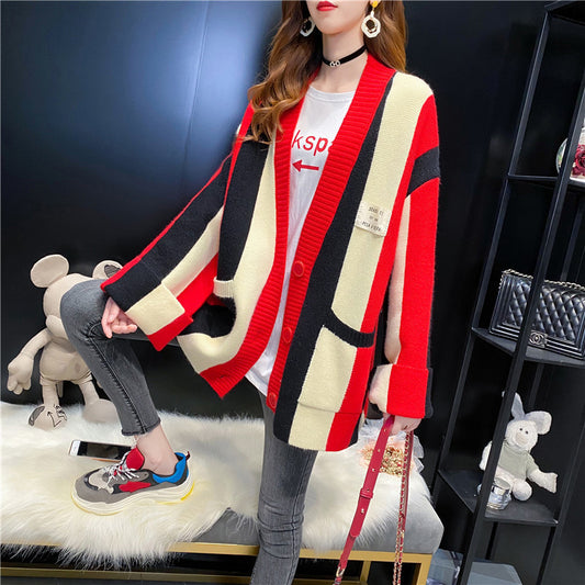Contrast Stitching Striped Sweater Jacket