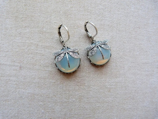 Vintage Dragonfly Pendant Earrings - Boho Chakra Blue Moonstone Drop Earrings