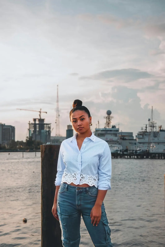 Laced Collar Striped Hollow Shirt