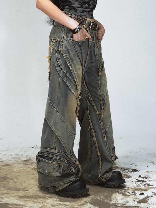 Grunge Distressed Multi-Panel Baggy Jeans