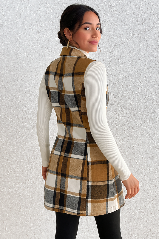 Honey Plaid Lapel Collar Vest