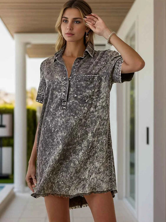 Pocketed Collared Neck Short Sleeve Denim Dress