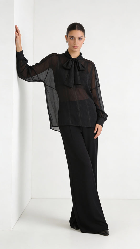 Midnight Grace – Loose Black Bow CollarTop