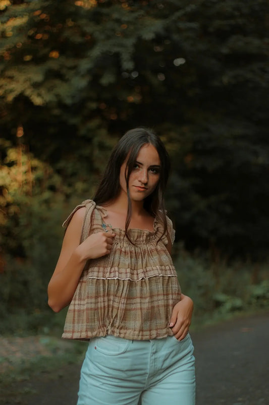 Mori Whisper – Bow Tie-Neck Plaid Top