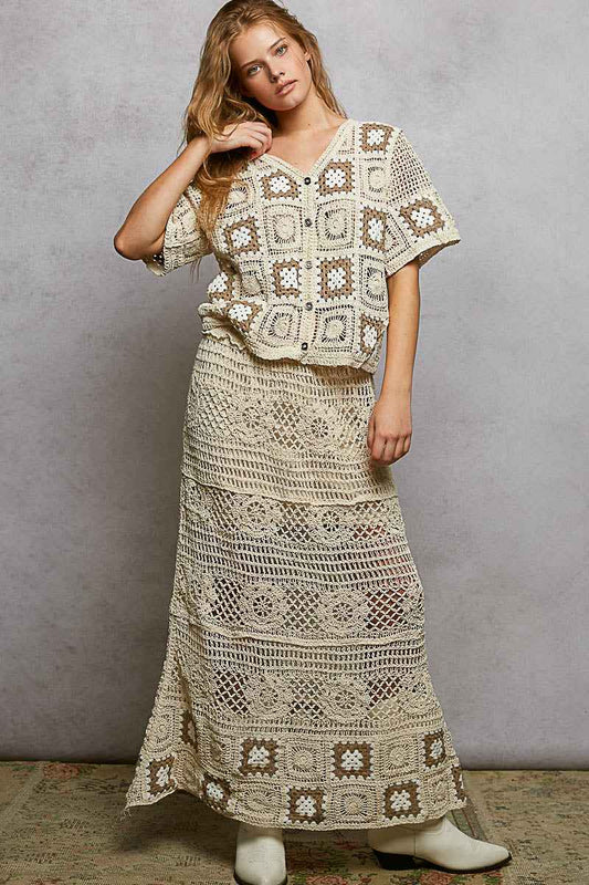 POL Floral Crochet Ruffled Waistband Maxi Skirt with Granny Square Weave