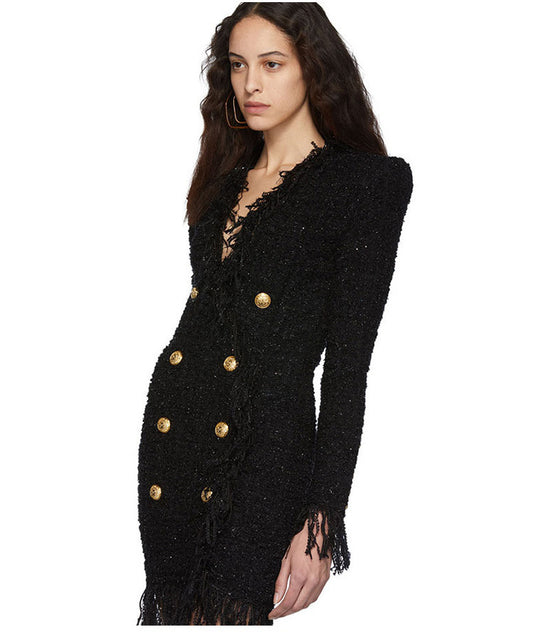 Midnight Luxe Fringe Woolen Jacket Dress