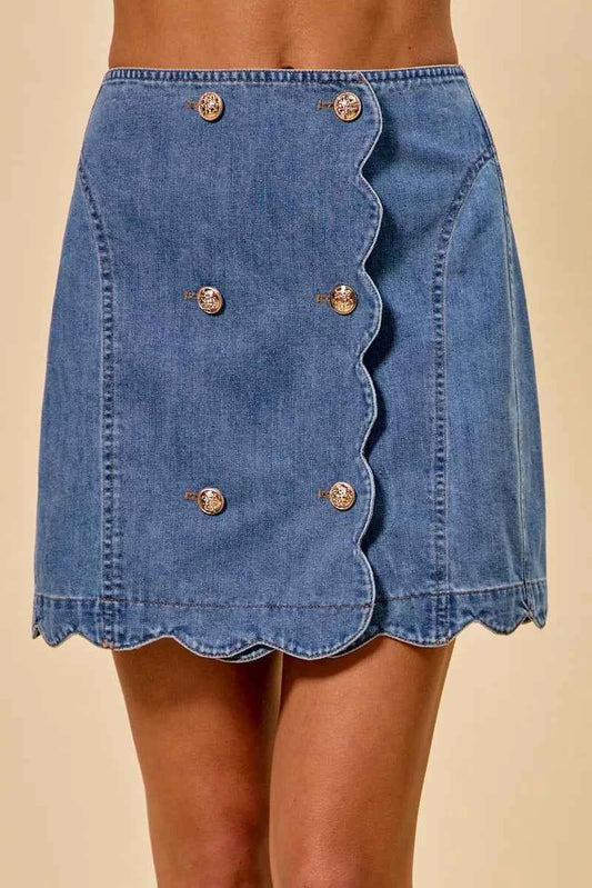 SO ME Denim Scalloped Buttoned Front Skirt