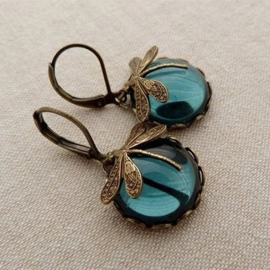 Vintage Dragonfly Pendant Earrings - Boho Chakra Blue Moonstone Drop Earrings
