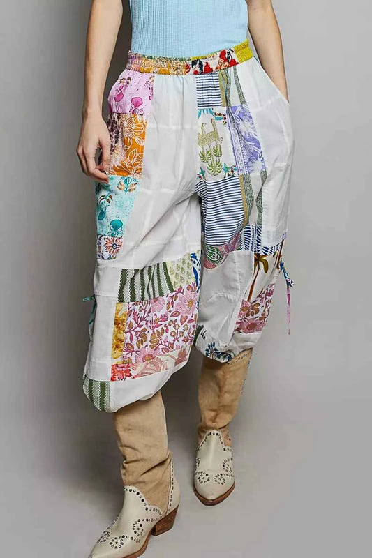 POL Printed Patchwork Wide Leg Pants with Adjustable Side Drawstring