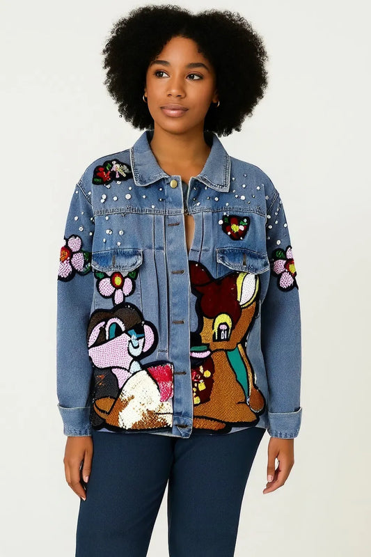 Cartoon Sequin Patch Denim Jacket