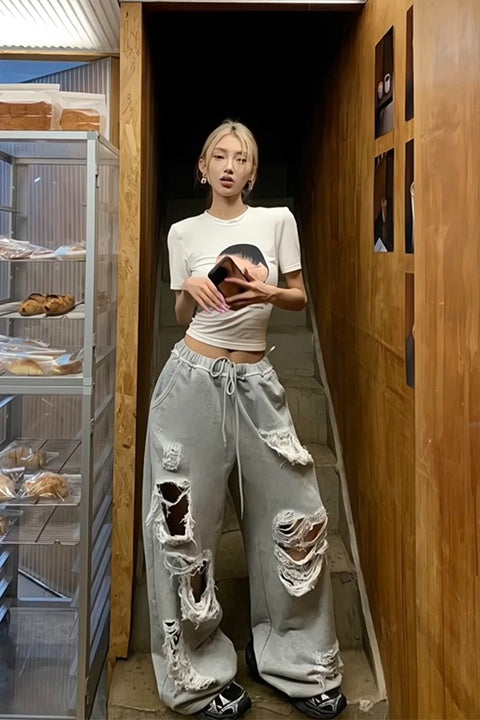 Grey Distressed Wide-Leg Pants