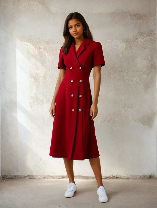 Robe mi-longue taille haute à col tailleur Natalia