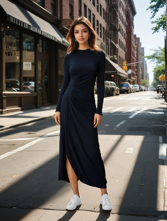 Robe longue plissée taille haute élégante et ajustée – Style chic et sophistiqué