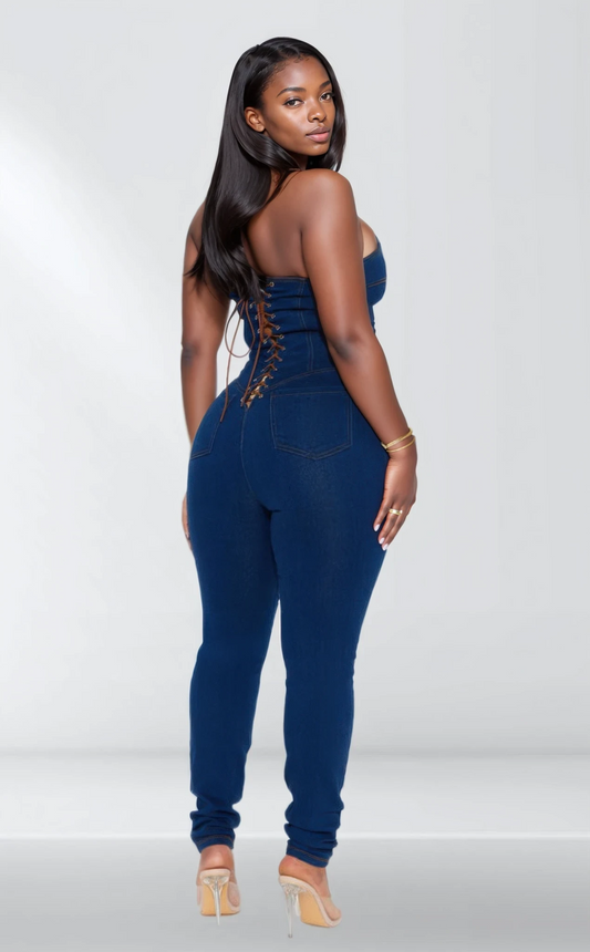 Backseat Denim Jumpsuit With Lace Up Back