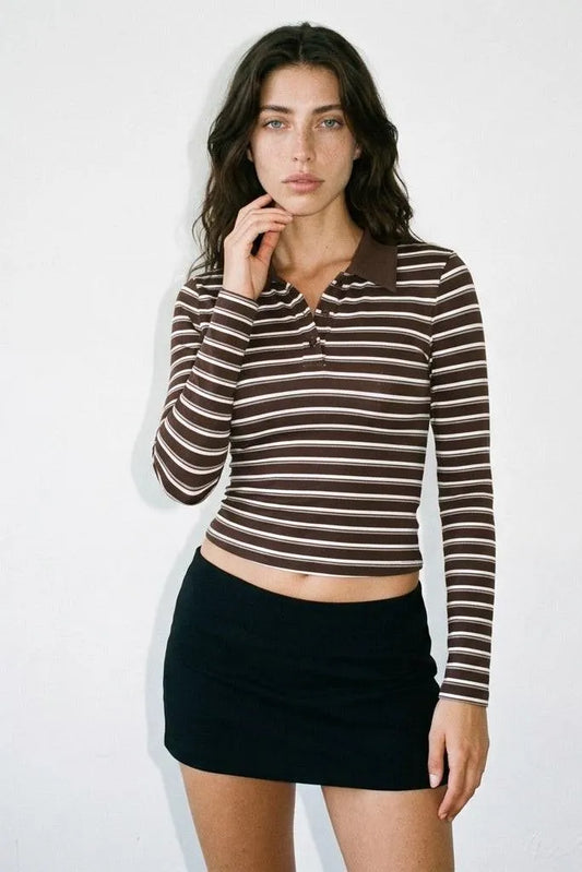 Campus Crush Brown Striped Button-Front Polo Top