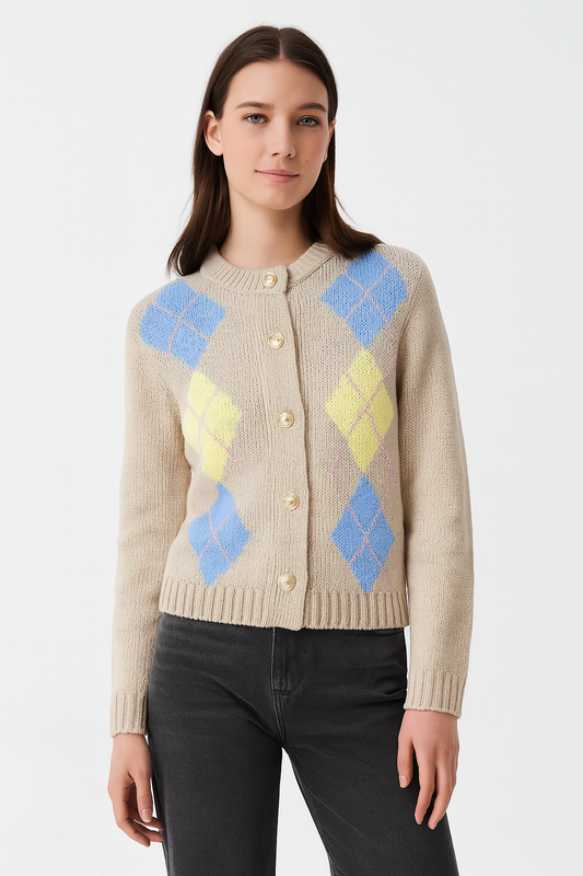 Checkmate Vibes Argyle Knit Cardigan