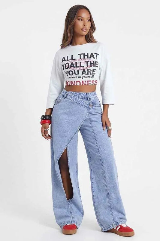 Crossed Lines Washed Wrap-Front Wide-Leg Jeans