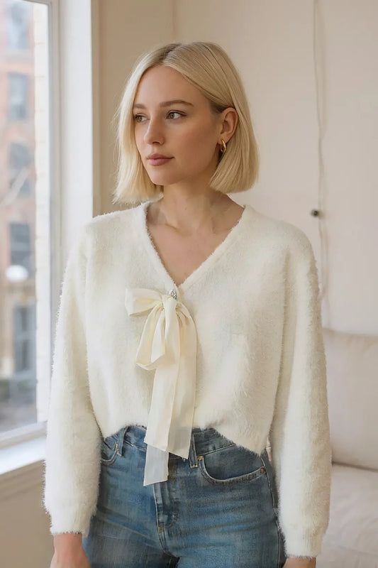 Blush Luxe – Faux Mink Bow Cardigan