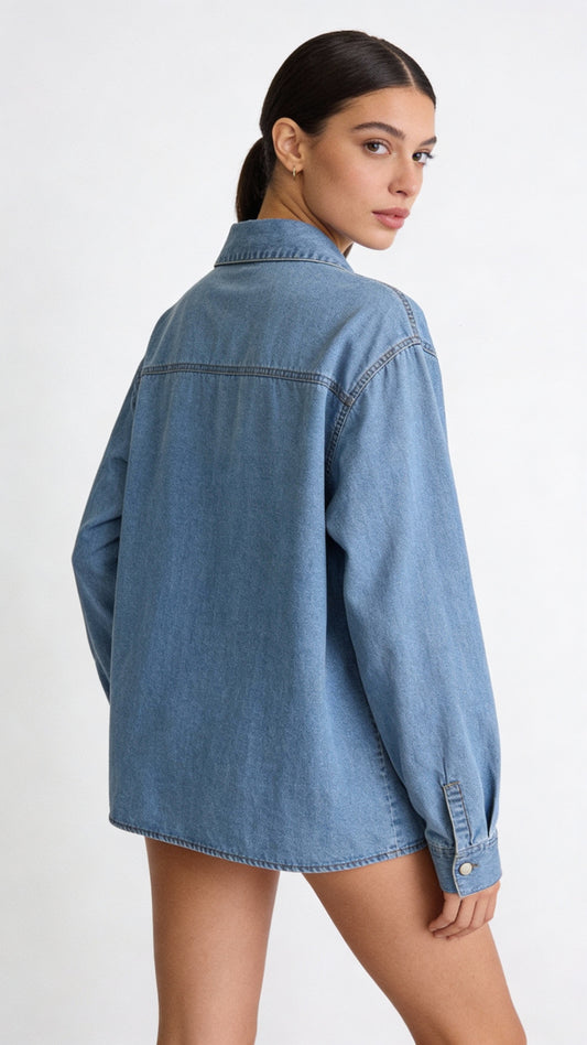 Denim Daydream – Bowknot Neck Slim Fit Shirt