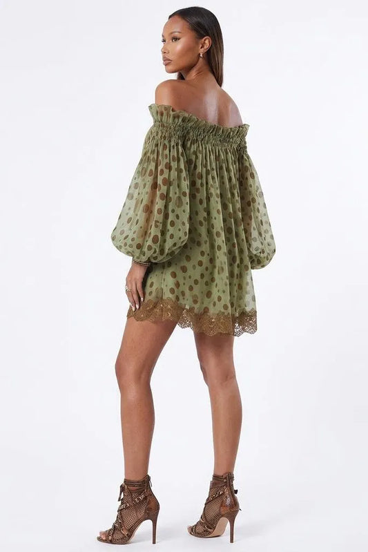 Mosslight Off-Shoulder Sheer Polka Dot Mini Dress