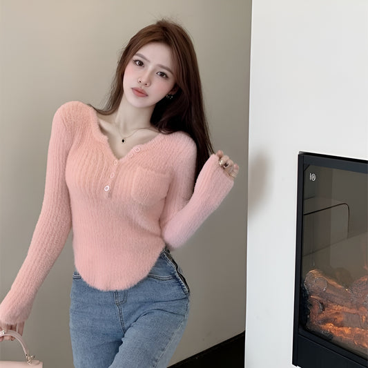 retty In Plush Fuzzy Henley Sweater