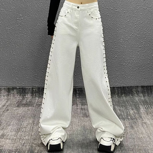 White Studded Wide-Leg Jeans