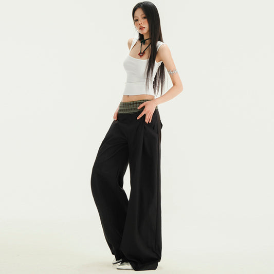 Streetwear Plaid Contrast Wide-Leg Trousers