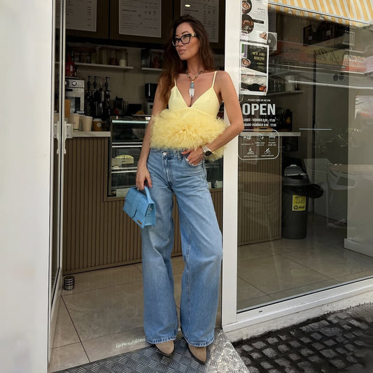 Sunlit Grid – Mesh V-Neck Top