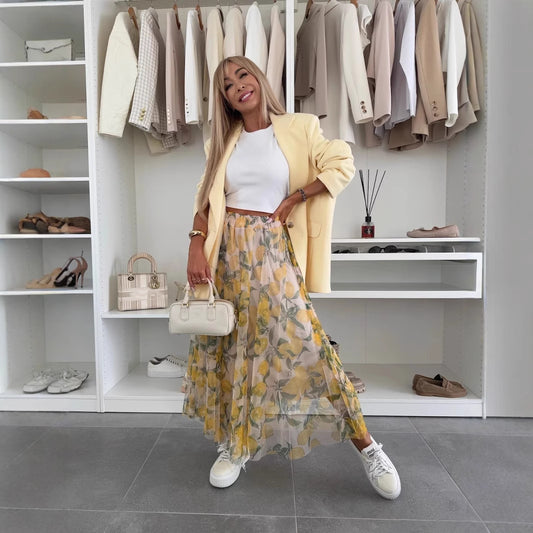 Casual Dates Lemon Print Sheer Maxi Skirt