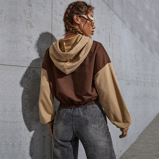 Sweat à capuche court tendance aux couleurs contrastées – Style urbain européen et américain