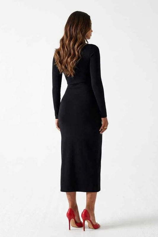 Ruched Slit Long-Sleeve Bodycon Dress